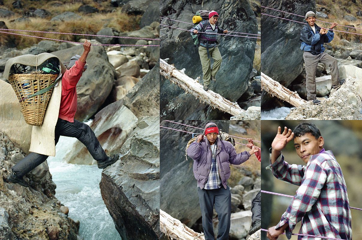 205 Crossing the Miristi Khola on a log - Ang Phuri Sherpa,Gyan Tamang, Dhansing, Dhan Bahadur Tamang, Ram Bahadar Tamang